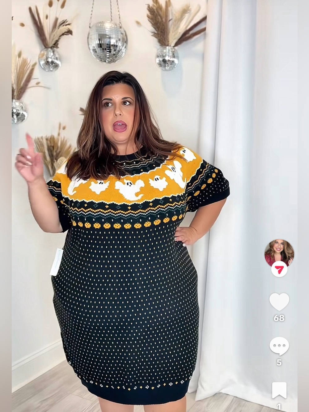 Plus-Size Black and Mustard Sweater Knit Dress with Ghost Fair Isle